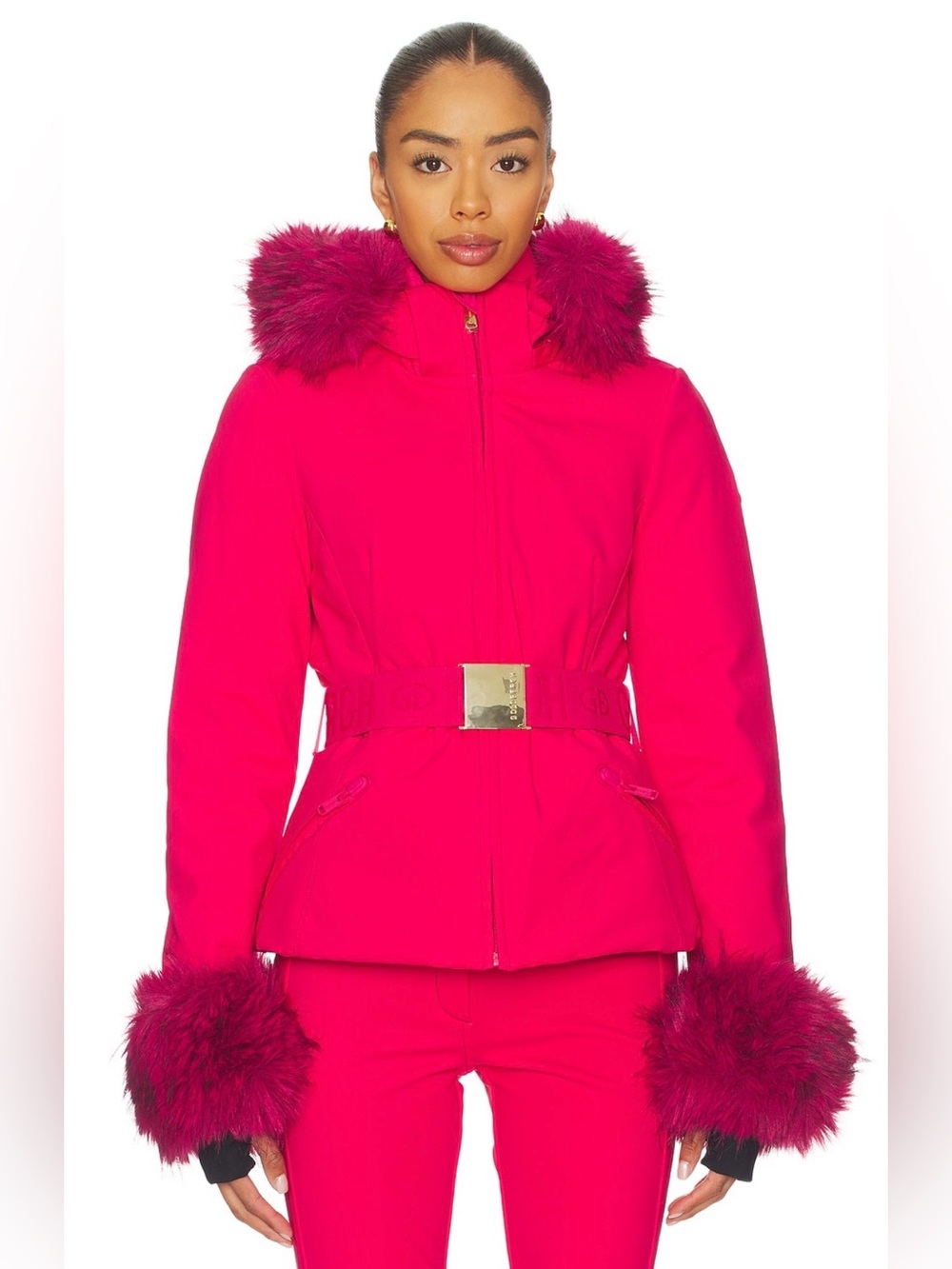 Goldbergh Giselle Belted Ski Jacket with Faux Fur Border Italian Rose Pink NWT 6